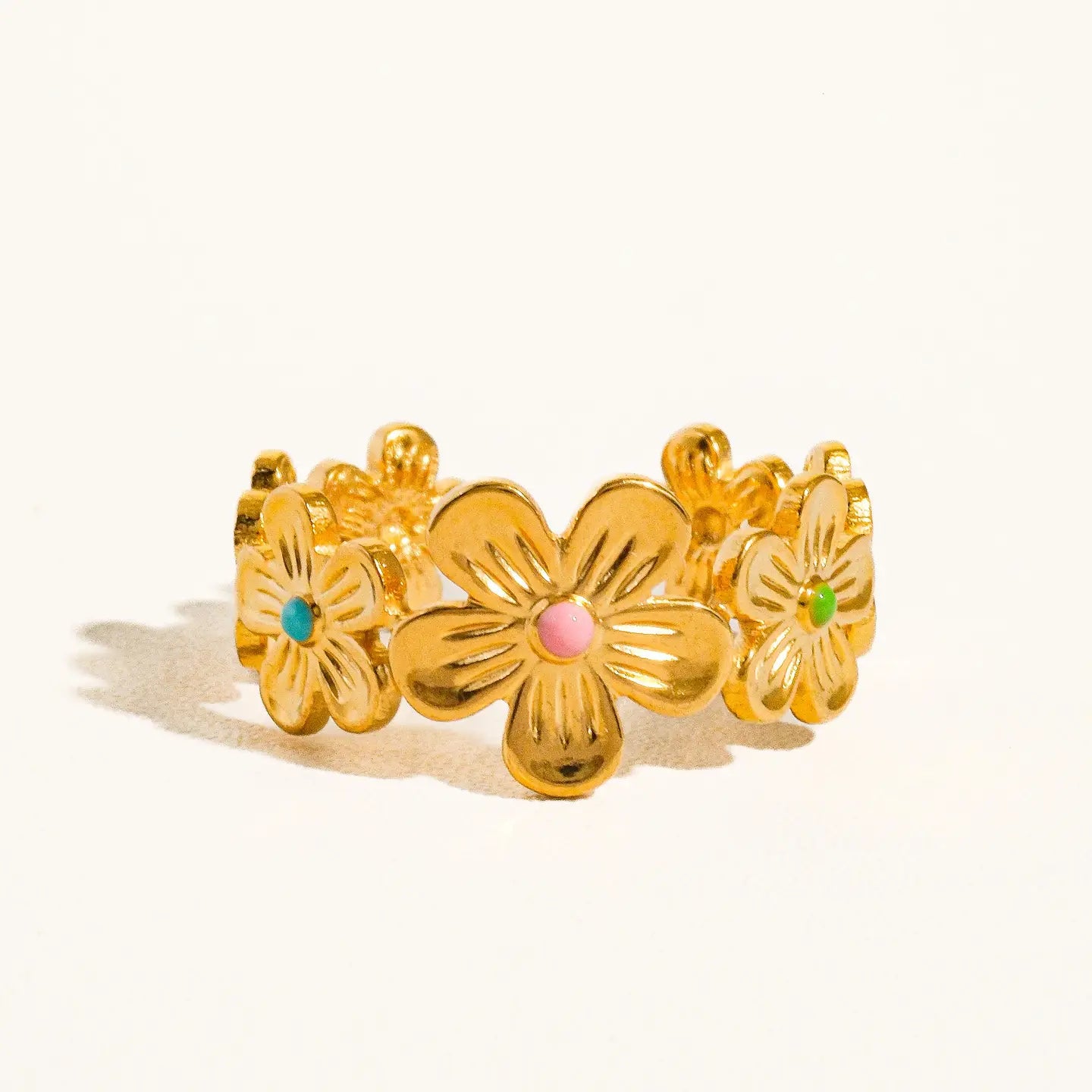 Bali 18K Gold Non-Tarnish Flower Stack Adjustable Ring