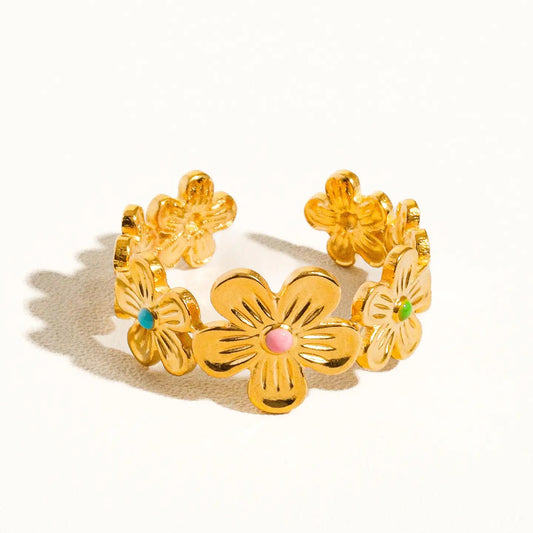 Bali 18K Gold Non-Tarnish Flower Stack Adjustable Ring